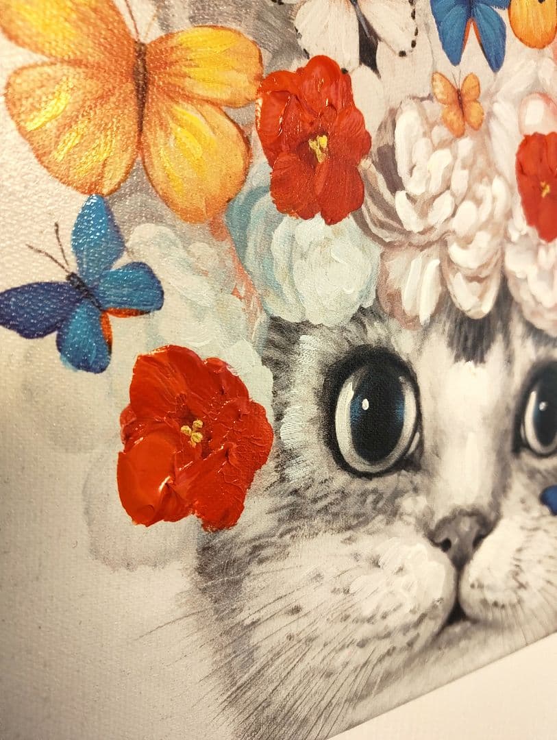 アートパネル 猫の絵画　フラワーキャット　40cmx40cm　ネコ　猫顔