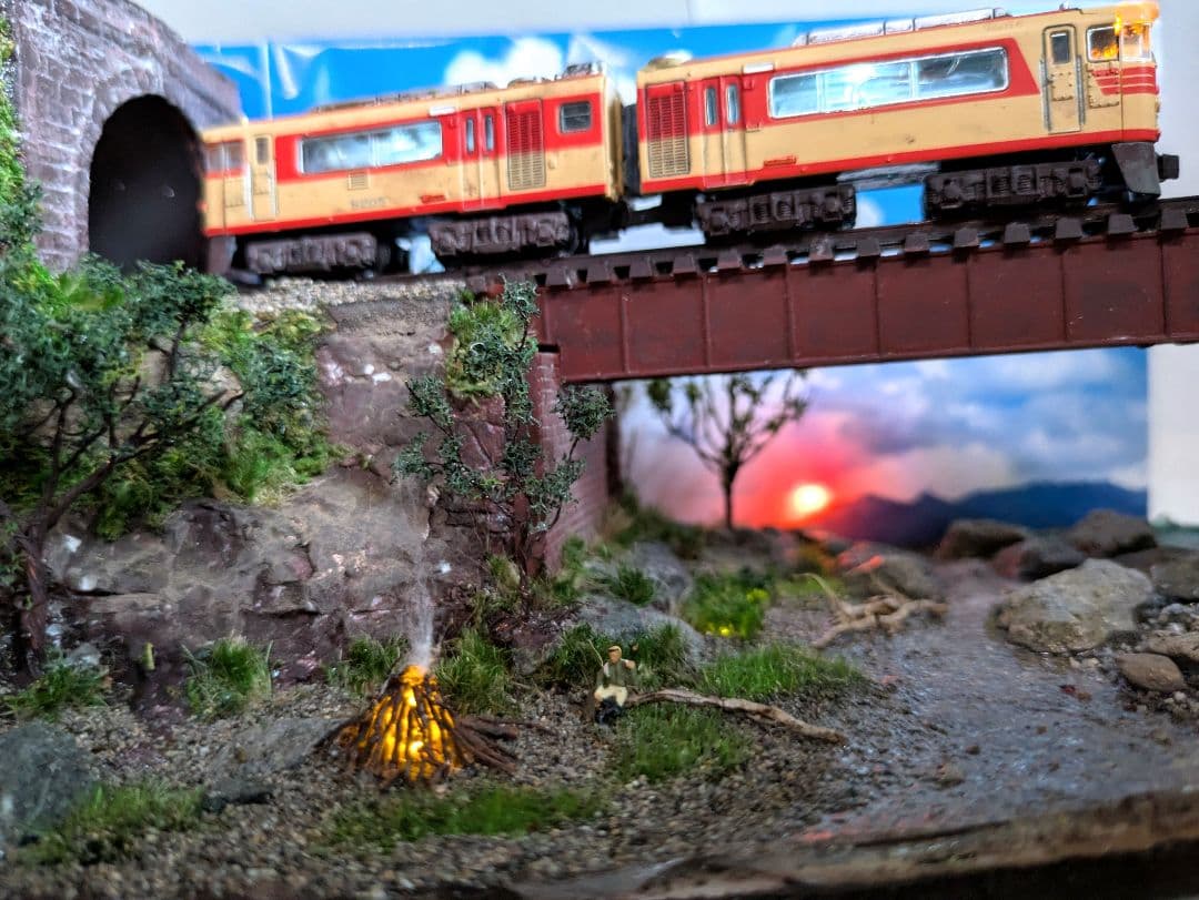 Nゲージ・ミニジオラマ　夏の旅〜渓流を渡る【商談品】