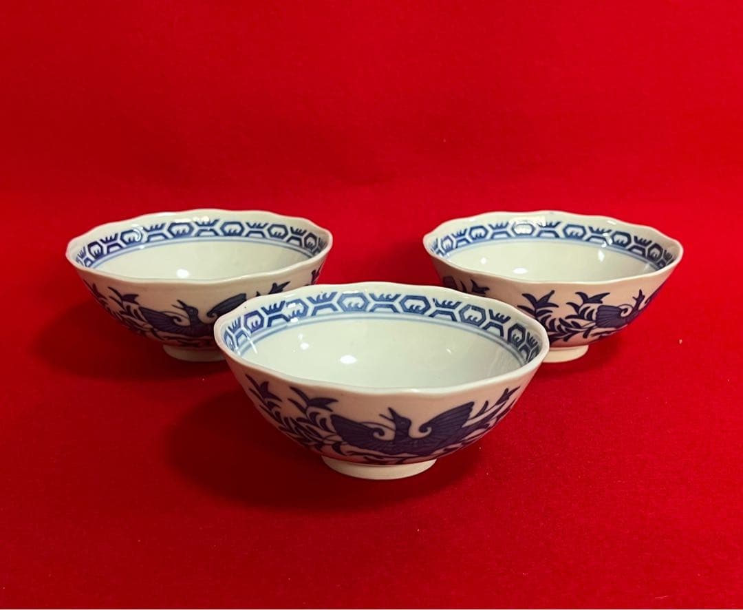 中国美術 景德鎭 青華染付 鳳紋樣茶椀3点 景德古窑 磁器