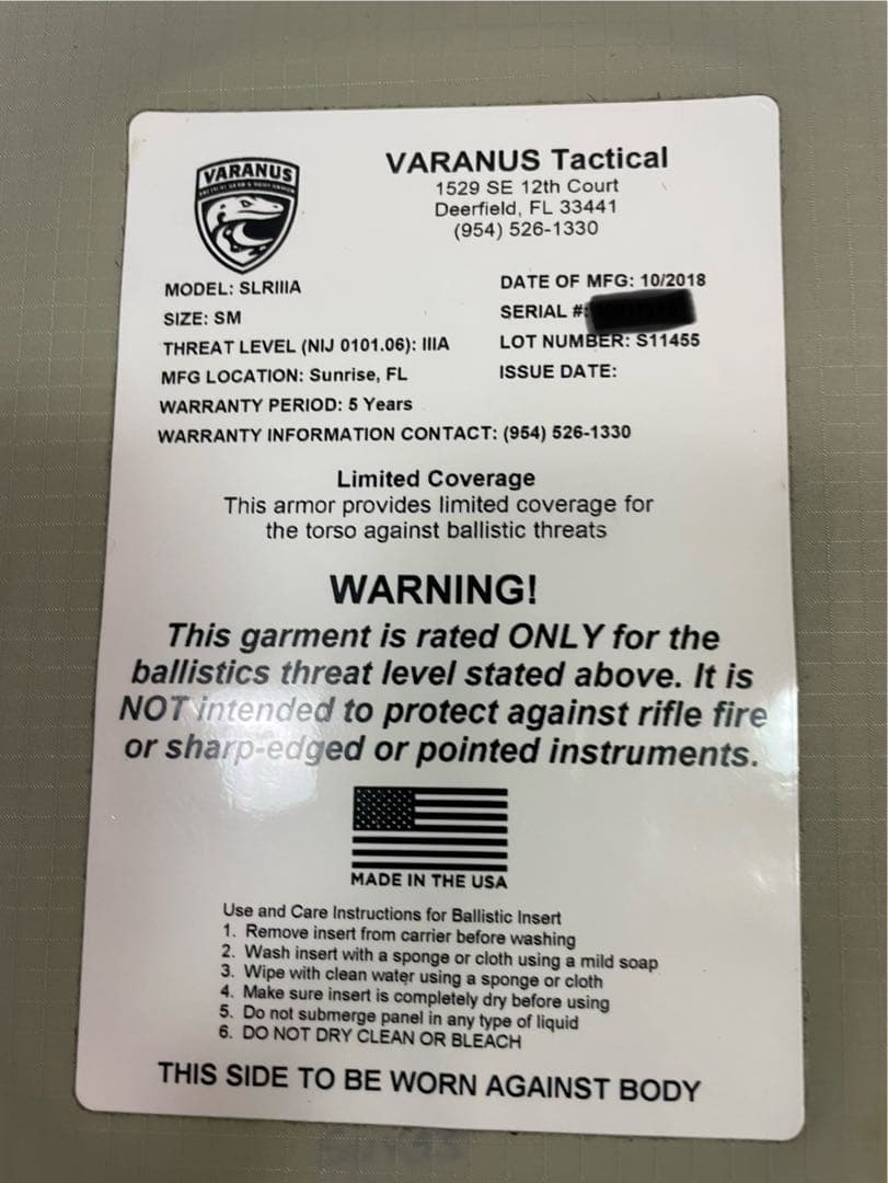 実物 VARANUS Tactical ソフトアーマー プレート米国製 M132