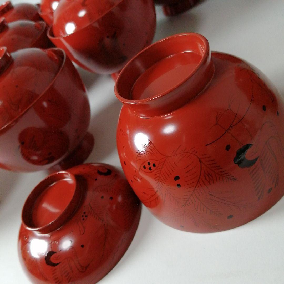 塗師　長遊斎　鶴漆絵　沈朱小吸物椀　拾客　　朱塗　鶴絵　木製　懐石　会席　茶道具