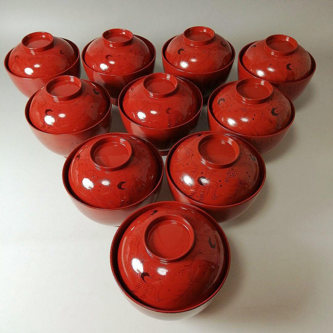 塗師　長遊斎　鶴漆絵　沈朱小吸物椀　拾客　　朱塗　鶴絵　木製　懐石　会席　茶道具