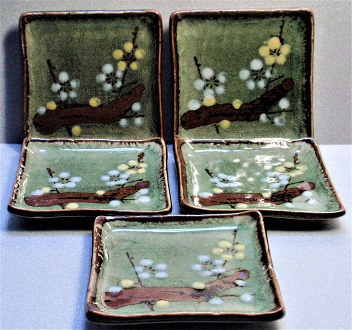 織部焼　青織部　瀬戸赤津焼　菓子器揃　角皿1客・銘々皿５客組