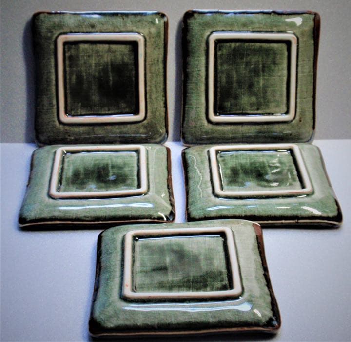 織部焼　青織部　瀬戸赤津焼　菓子器揃　角皿1客・銘々皿５客組