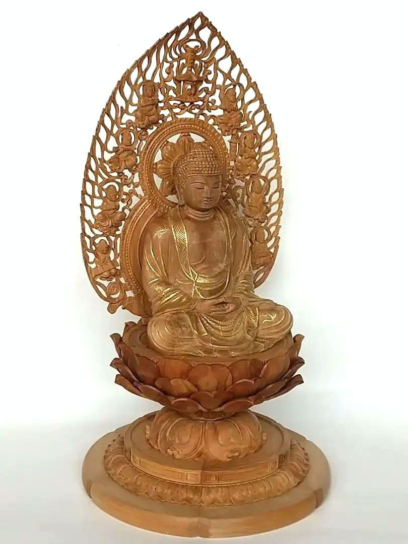 釈迦如来坐像 3寸 #487 宝塔奏楽飛天光背 円台座◆白檀 木彫 仏像