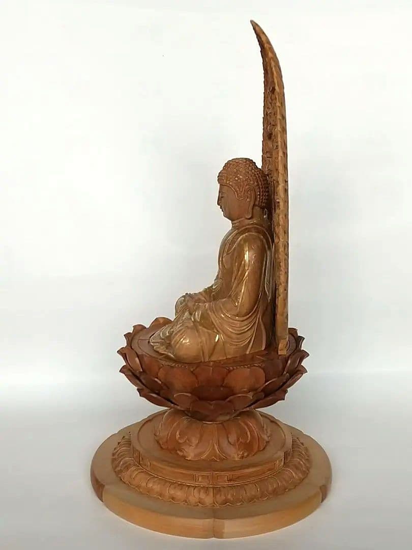 釈迦如来坐像 3寸 #487 宝塔奏楽飛天光背 円台座◆白檀 木彫 仏像