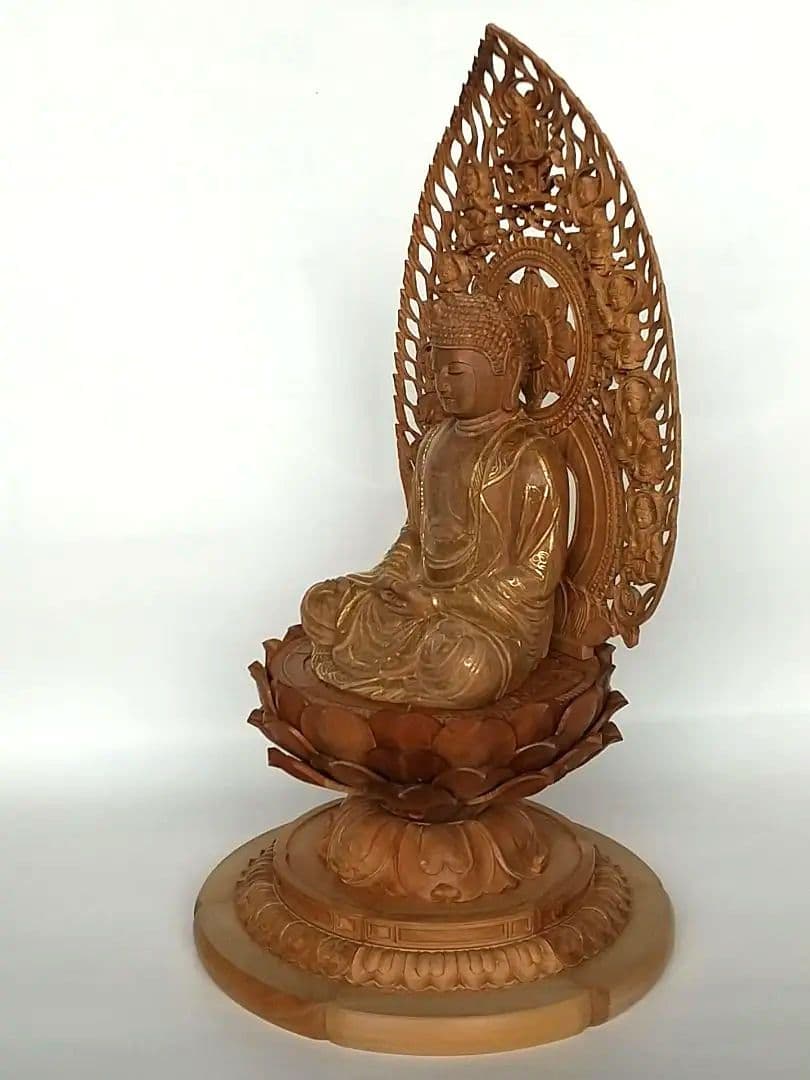 釈迦如来坐像 3寸 #487 宝塔奏楽飛天光背 円台座◆白檀 木彫 仏像