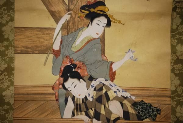 模写/伝/喜多川歌麿/橋下男女魚釣図/布袋屋掛軸HC-918