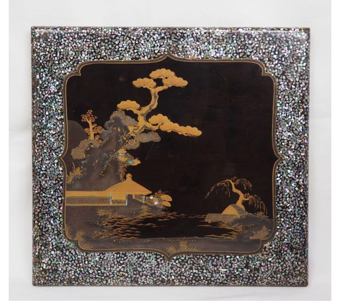 送料無料　旧家蔵出　江戸時代　螺鈿蒔絵山水楼閣文4重箱　合箱