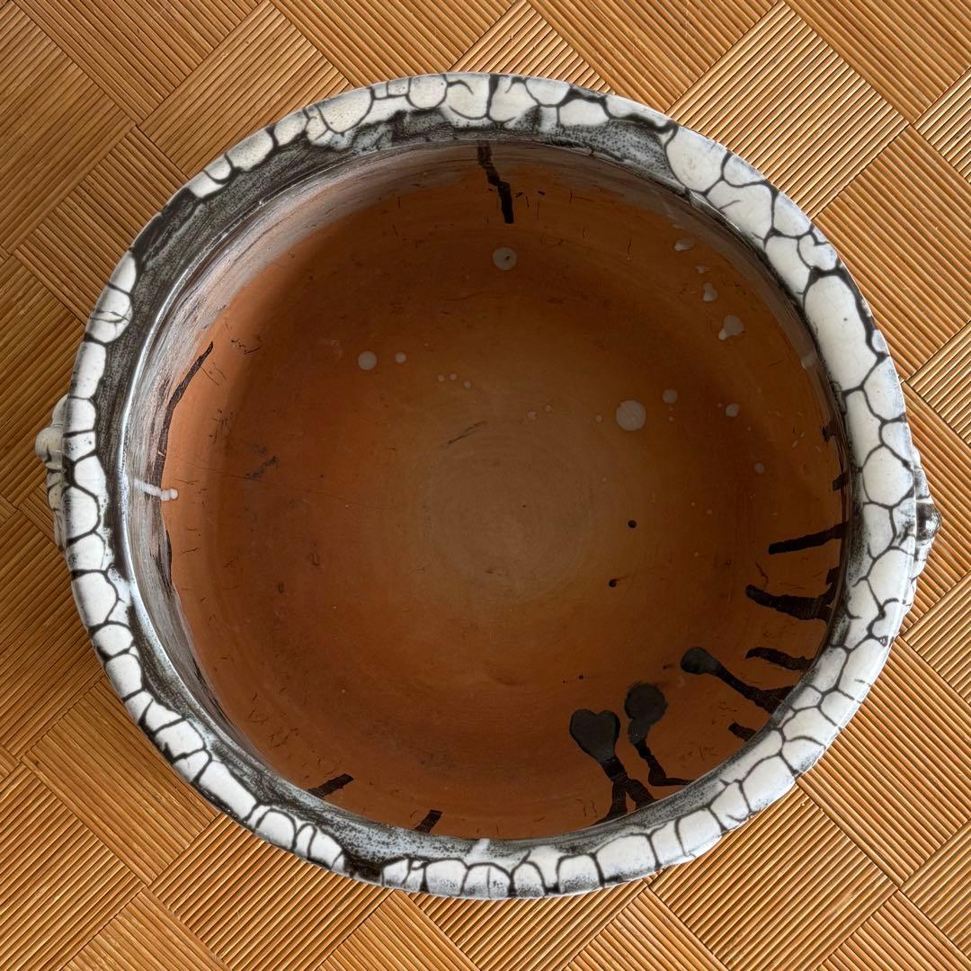 SNT1314 備前焼 裂紋 耳付火鉢 作家物 茶室の整理品 古道具 睡蓮鉢