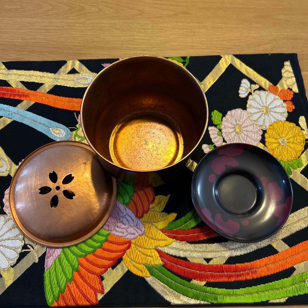 茶こぼし 銅製 花模様　茶托1枚付き
