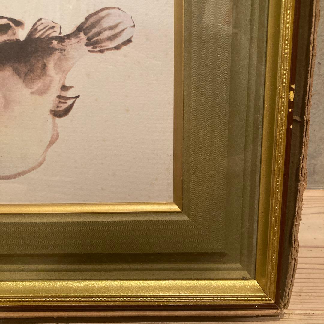 作者不明　詳細不明　河豚　ふぐ　額縁　御色紙額　「福がよぶ」昭和レトロ　骨董