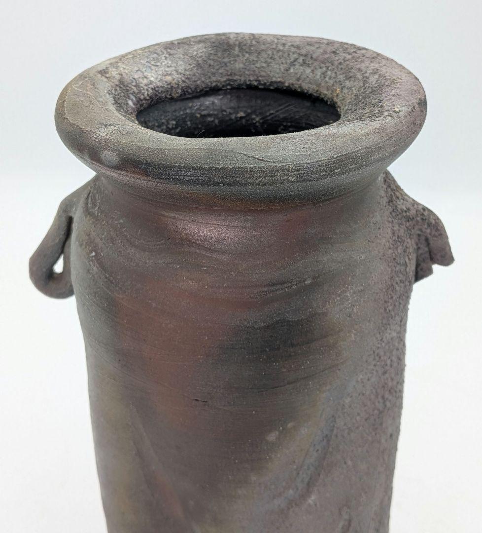 藤本道生 備前焼 窯変耳付花入 共箱共布栞 花器 フラワーベース 花瓶 花生