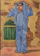 【真作】絵画　北村真　油彩SM　ショールをかぶる少女　異国情緒　Y169