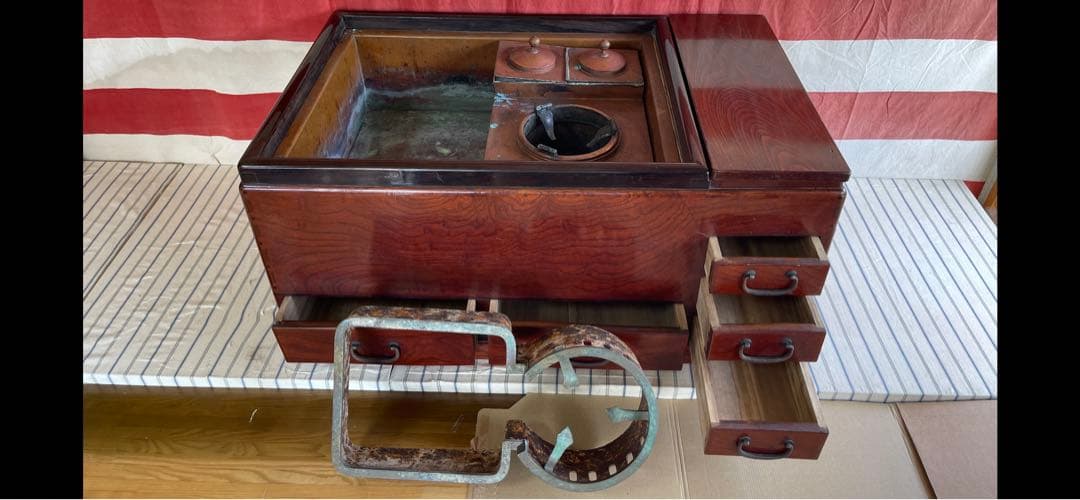 ☆長火鉢・熱燗2個他銅板.引き出し5個、エクセレント昭和レトロ骨董品アンティーク