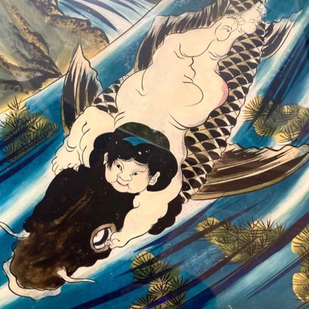 希少！【明治時代ガラス絵】金太郎　鯉つかみ図 手描き　古美術　骨董