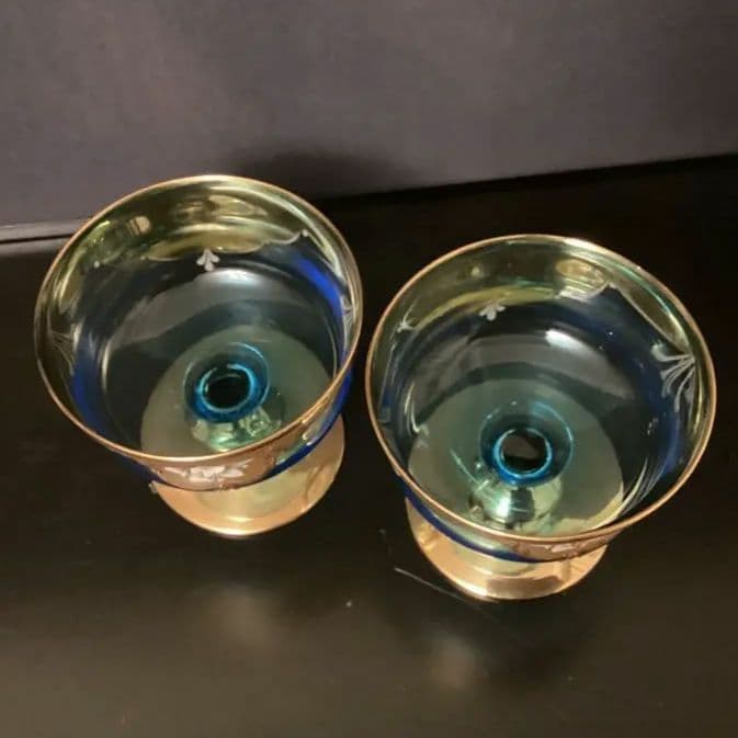 ベネチアングラス　金色とブルーのエレガントなデザインの手描き花柄グラス　⑤⑥