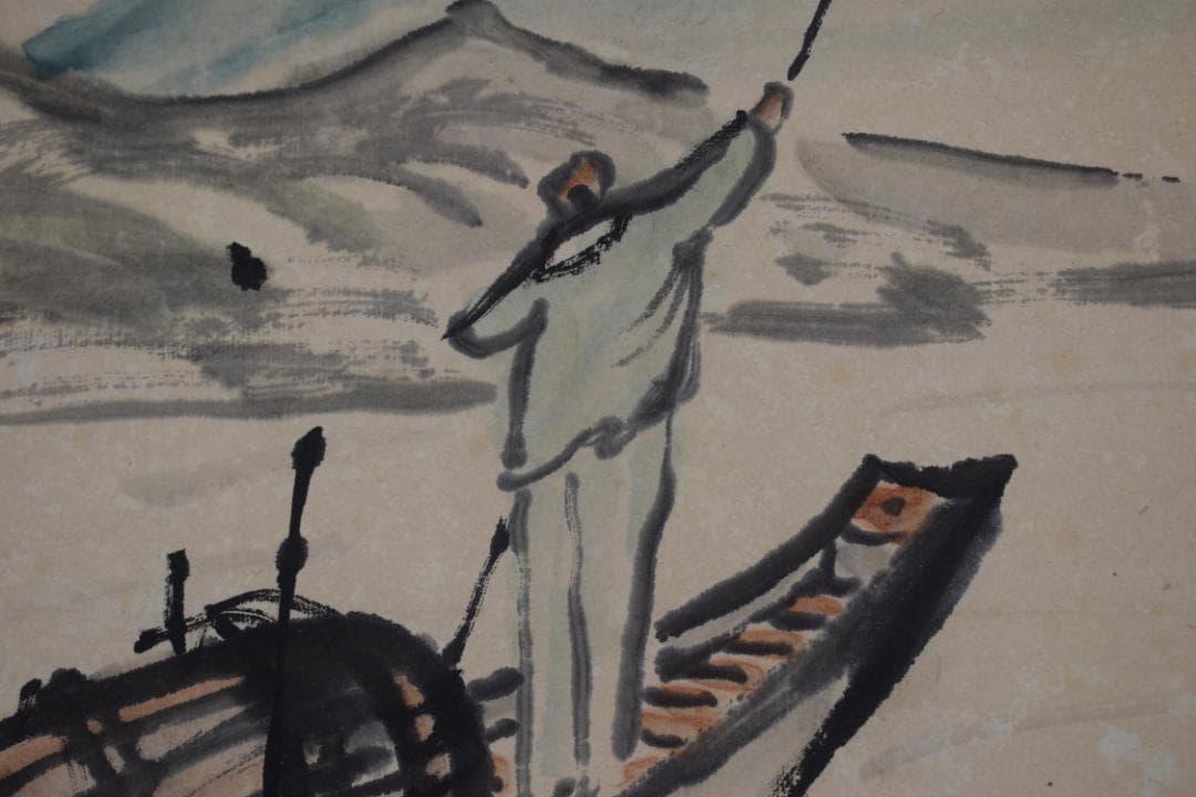 【真作】西晴雲/大河渡船図/山水図/横物/掛軸☆宝船☆Z-524