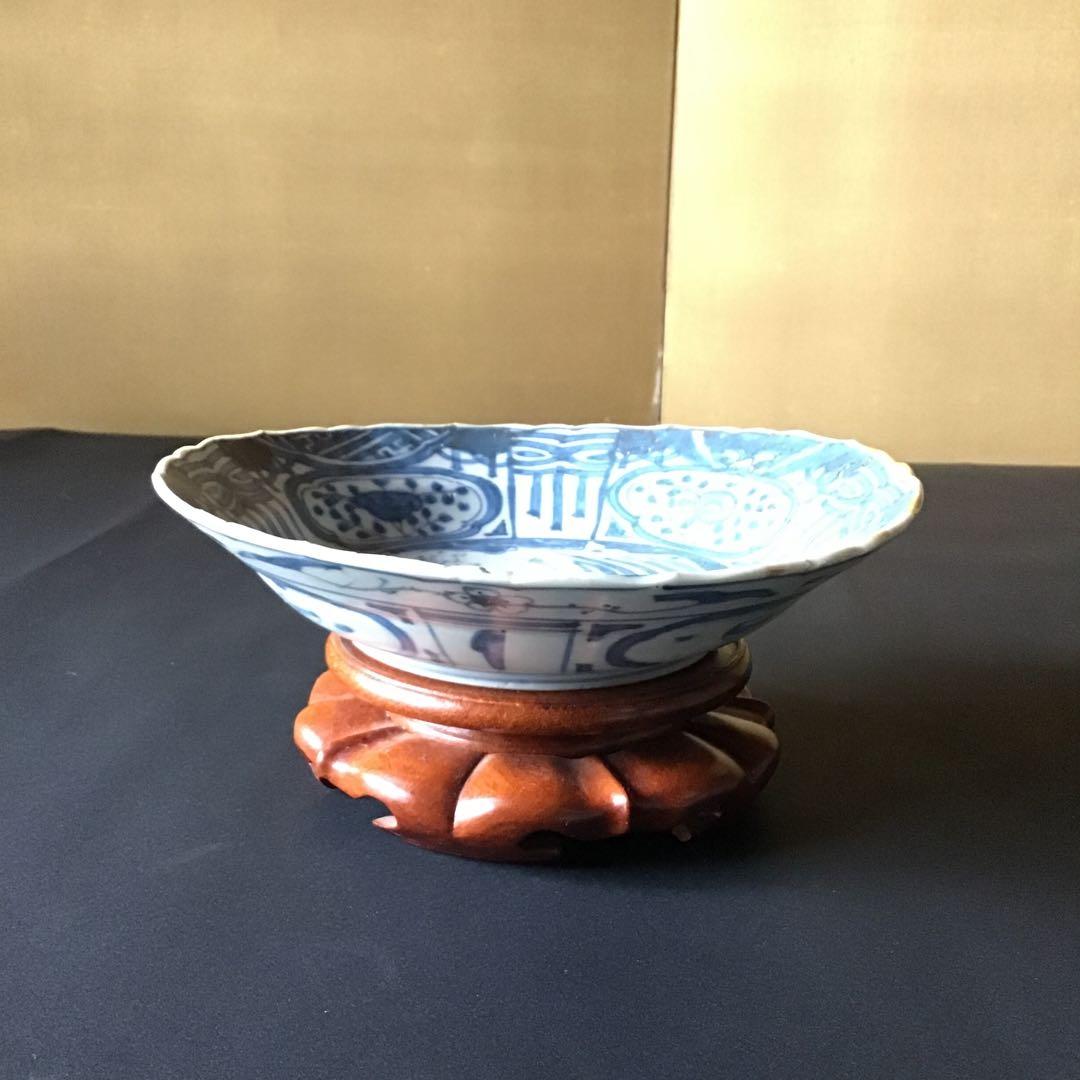 明朝青呉須花鳥図中皿　希少