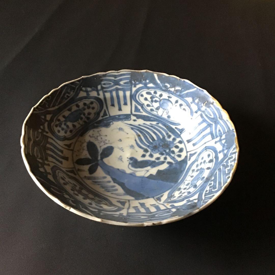 明朝青呉須花鳥図中皿　希少