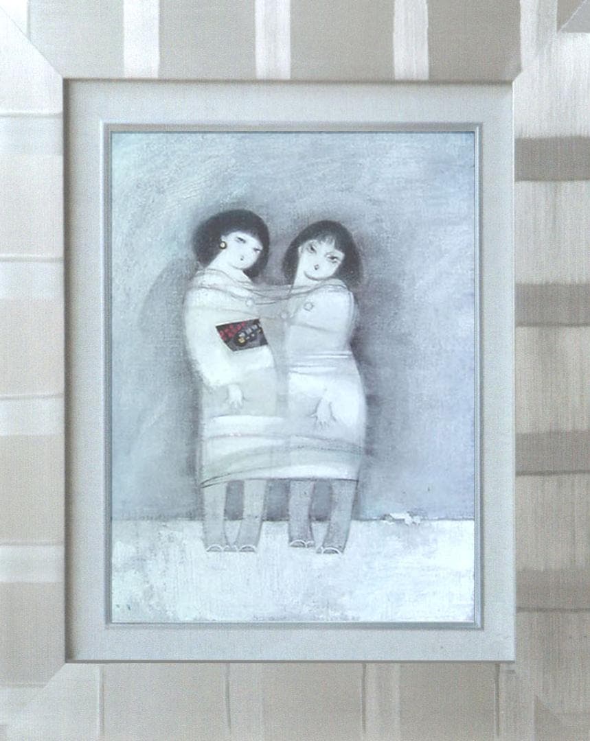 油絵 菅家令子 絵 絵画インテリア額付(黒) F4-42023 人物 雪国の子供