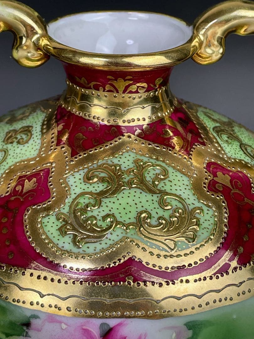 オールドニッポン ２２㎝ アールヌーボー様式 薔薇紋 花瓶 バラ つつじ アザレ