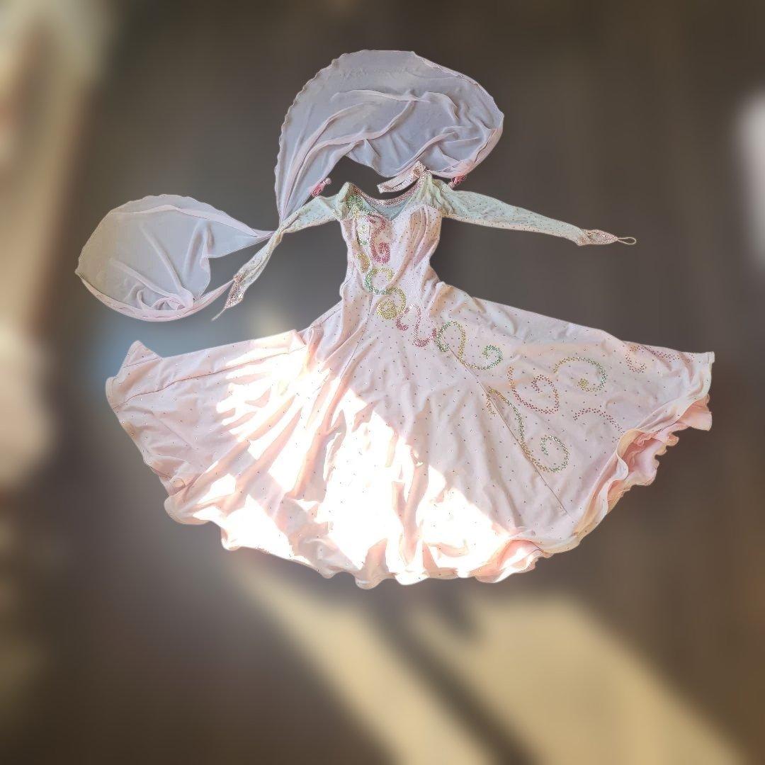 ラインストーン　チョーカー、イアリング付き　社交ダンス　シフォンドレス　ピンク