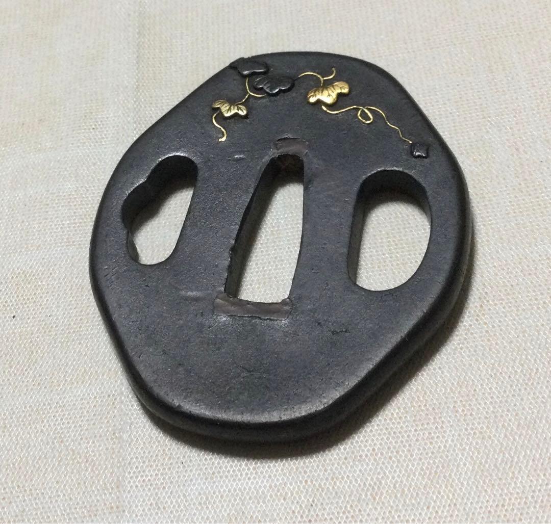 刀装具　日本刀　骨董品　武具　金　象嵌　鍔　銘有 名工 直行