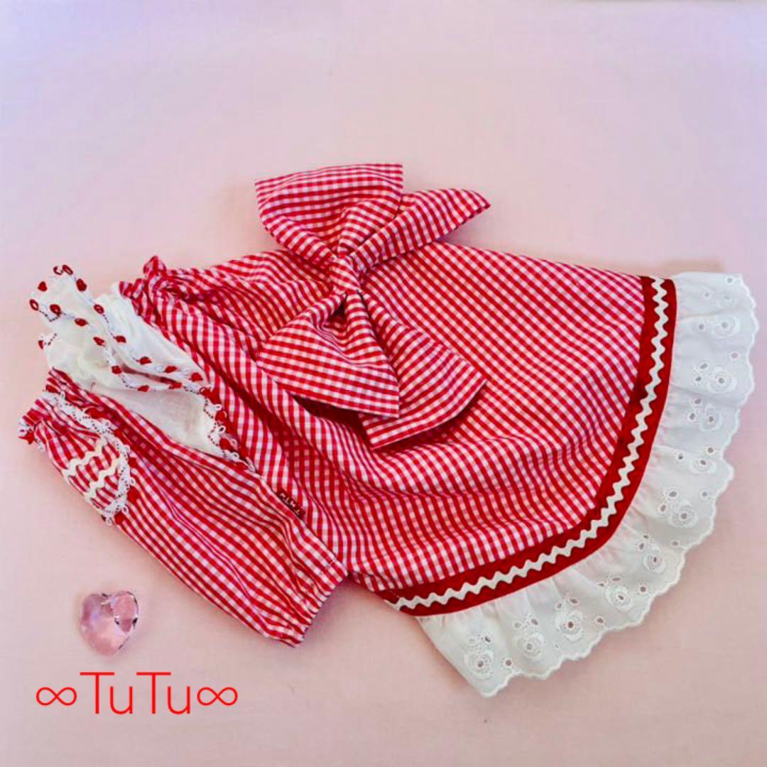 大きなリボンギンガム　　∞TuTu∞  犬服　ハンドメイド