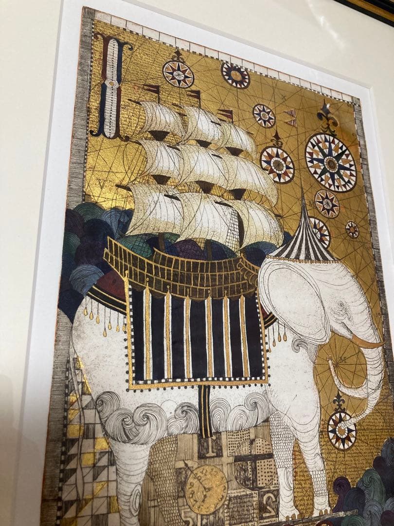 お値下げ不可です　坪内好子　象と帆船のコンポジション　金箔＋銅版画＋手彩色