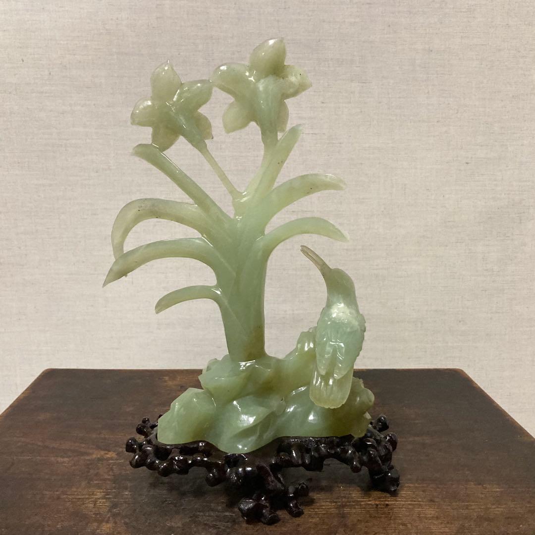 翡翠 置物 オブジェ 花 鳥 彫刻 工芸品 美術品 骨董 レトロ