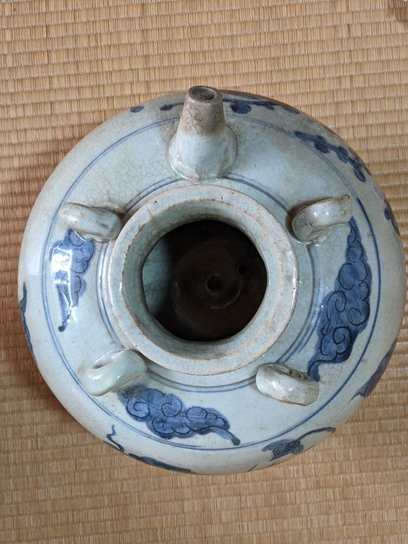 ⭐中国古陶磁 明時代末 染付 麒麟鳥紋様 四耳壺 古玩 古美術品 骨董品