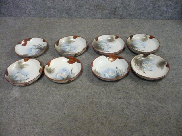 九谷焼 鷺 水仙 色絵 手塩皿 8枚 [B31369]