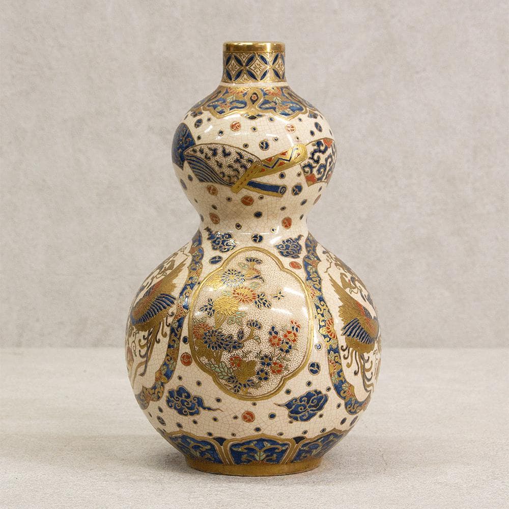 ※あかおかずき　薩摩焼 丸十字 薩摩 明治期 瓢箪型金彩鳳凰文 花瓶