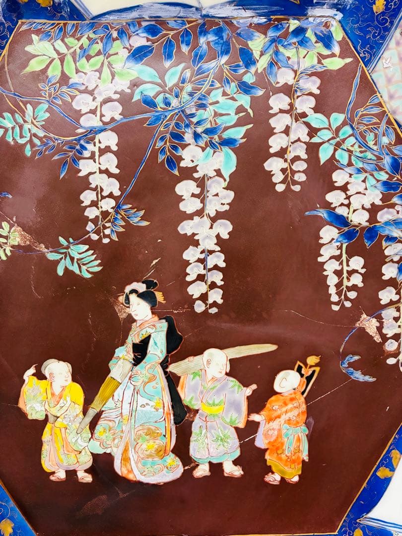 お値下❌ 明治初期 香蘭社 色絵褐地藤絵人物文 ブラックホーソン六角大皿