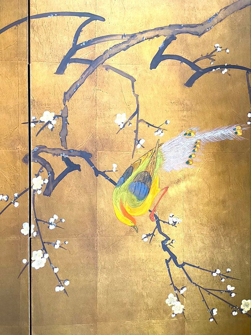 四つ折り屏風　日本画　金箔彩色　白梅に金鶏鳥