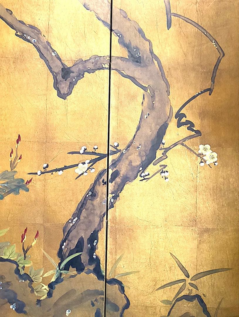 四つ折り屏風　日本画　金箔彩色　白梅に金鶏鳥