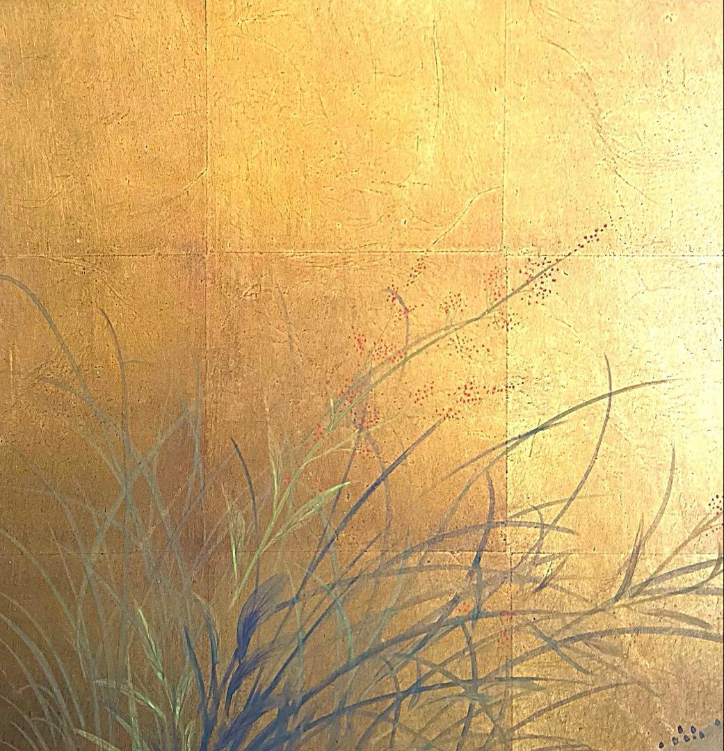 四つ折り屏風　日本画　金箔彩色　白梅に金鶏鳥