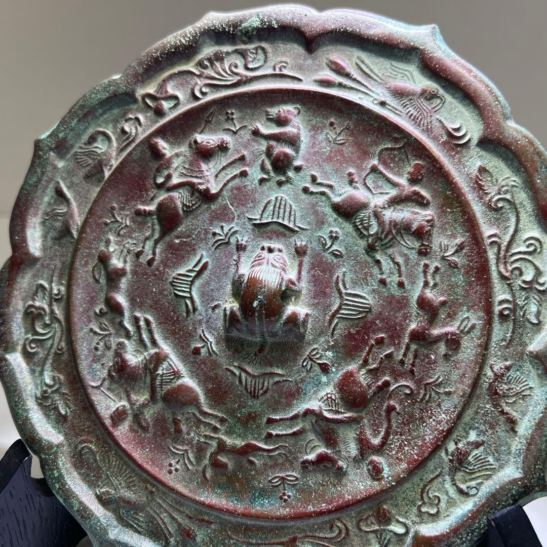 古銅古鏡　海獣ぶどう鏡　482g/約18㎝　東Y8-0210①