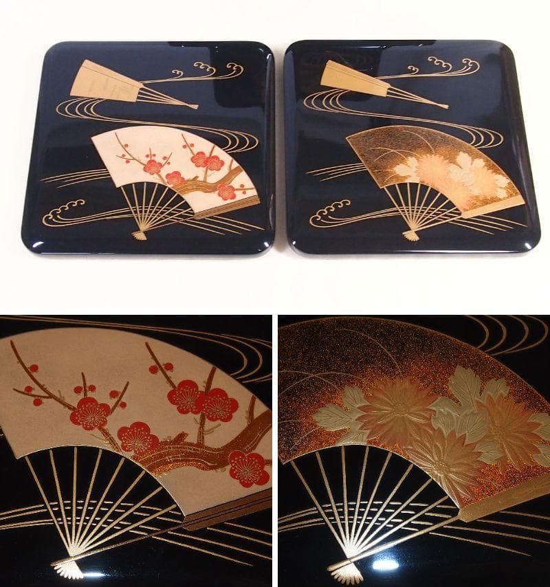 【高級・未使用】輪島塗 道甫作 扇面蒔絵 四段重箱 台付き お重/弁当箱 漆器