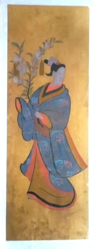 模写大津絵、花を持つ女性、額付き