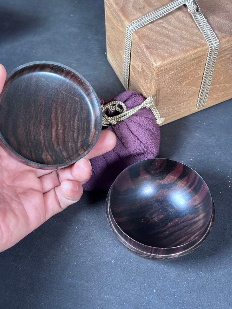 送料無料　棗　平棗　木地　嶋黒檀　黒柿？　和骨董　水車　蒔絵　茶道具　仕覆付き