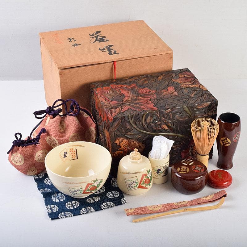 茶道具　讃岐彫　佳石作　茶箱　栄山作　茶碗など　九点一式　共箱　G　R9148B