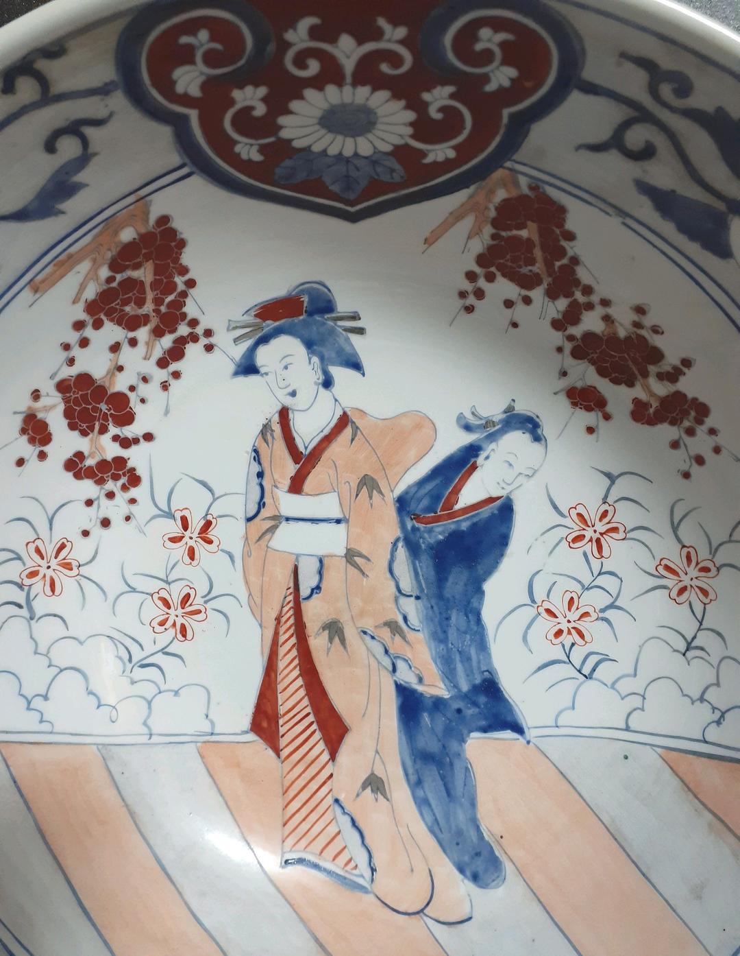 中国古美術　中国古陶磁器　古玩　色絵　美人図　特大大鉢　径35.4cm 道光年製