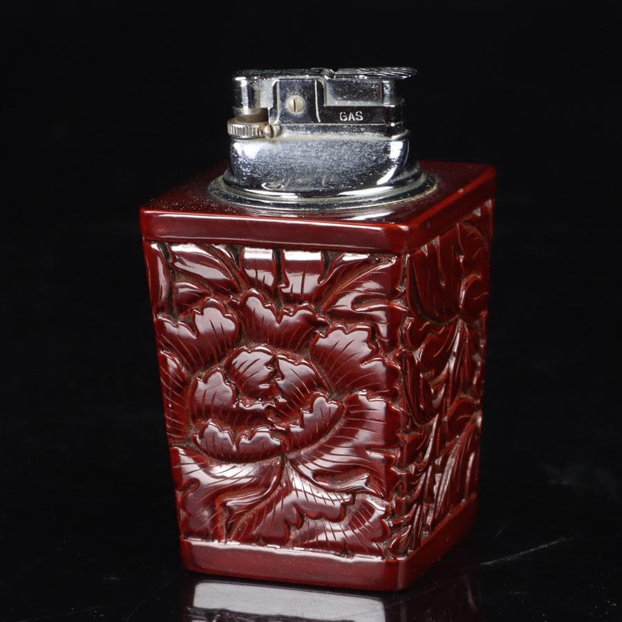 Y3272-5 彫師 渡辺明泉 朱塗 山水文 煙草盆組揃 共箱　　MM