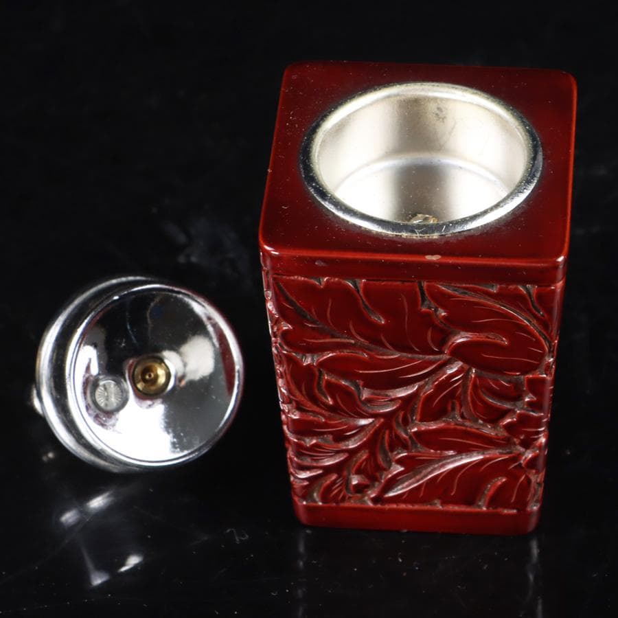 Y3272-5 彫師 渡辺明泉 朱塗 山水文 煙草盆組揃 共箱　　MM