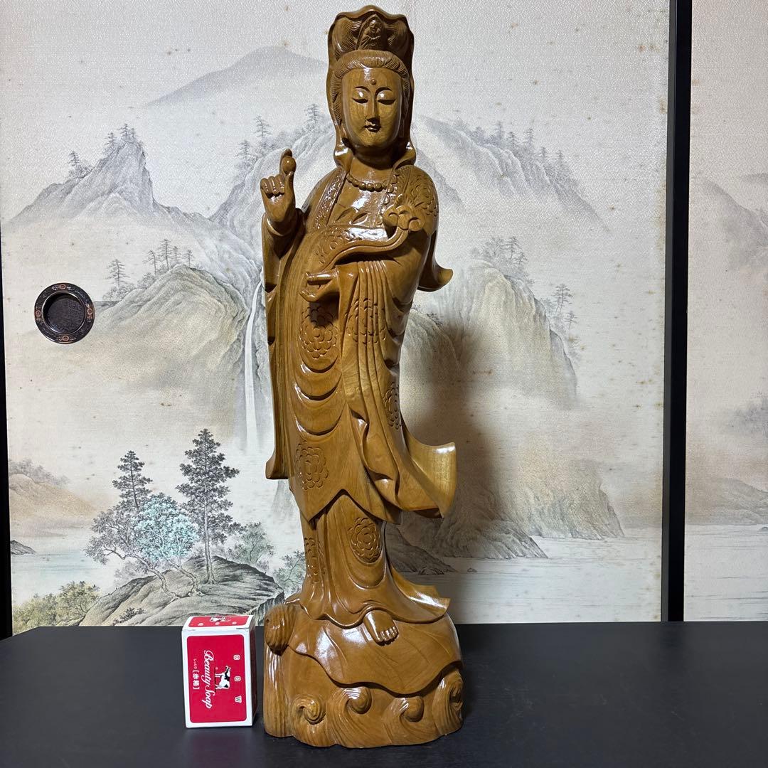大型 観音菩薩 木彫　仏像 彫刻　開運　風水　置物　縁起物　インテリア　如意持ち