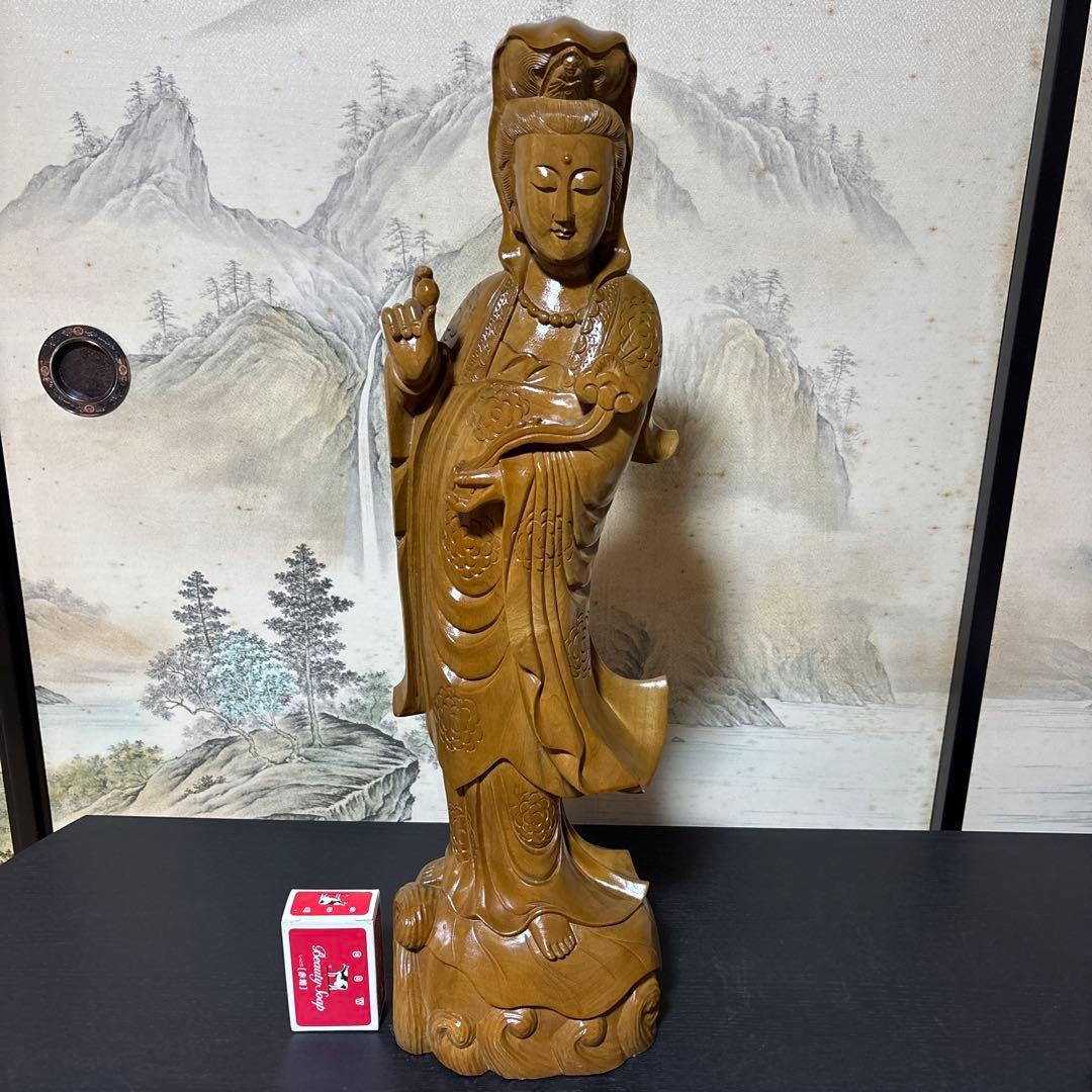 大型 観音菩薩 木彫　仏像 彫刻　開運　風水　置物　縁起物　インテリア　如意持ち