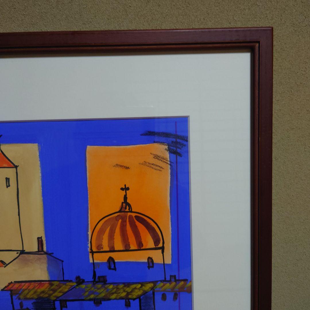 八幡三郎「中世の町」肉筆水彩画　1993年作【真作保証】