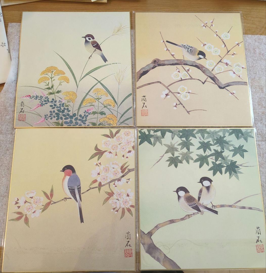 鳥と葉の水彩画 掛軸